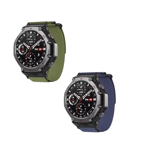 2 Stück Nylon Armband Kompatibel mit Amazfit T-REX 3, Nylonärmband mit Klettverschluss Arbeitskleidung Stil, Weiche Ersatz Loop Sportarmband für Outdoor Bergsteiger Damen Herren, B-Blau/Grün von Generic