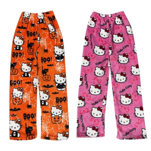 2 Stück Pyjama Hosen Damen Pyjamahose Lang Flanell Schlafanzug Hose Schlafanzughose Anime Cartoon Kawaii Kuschelig Weich Bequeme Warme Flauschig Casual Home Schlafhose von Generic