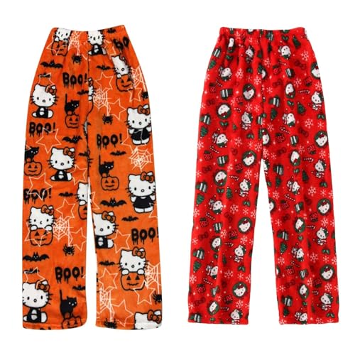 2 Stück Pyjama Hosen Damen Pyjamahose Lang Flanell Schlafanzug Hose Schlafanzughose Anime Cartoon Kawaii Kuschelig Weich Bequeme Warme Flauschig Casual Home Schlafhose von Generic