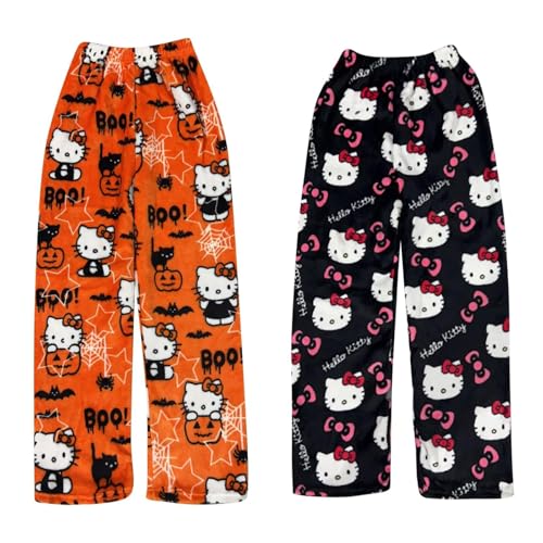 2 Stück Pyjama Hosen Damen Pyjamahose Lang Flanell Schlafanzug Hose Schlafanzughose Anime Cartoon Kawaii Kuschelig Weich Bequeme Warme Flauschig Casual Home Schlafhose von Generic