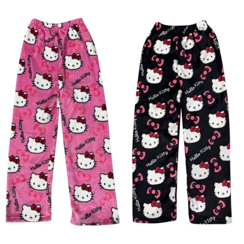 2 Stück Pyjamahose Damen Lang Pyjama Hose Schlafanzughose Flanell Schlafanzug Hosen Anime Cartoon Kawaii Kuschelhose Flauschig Bequem Schlafhose Schlaf Lounge Schlafanzughosen für Teenager Mädchen von Generic