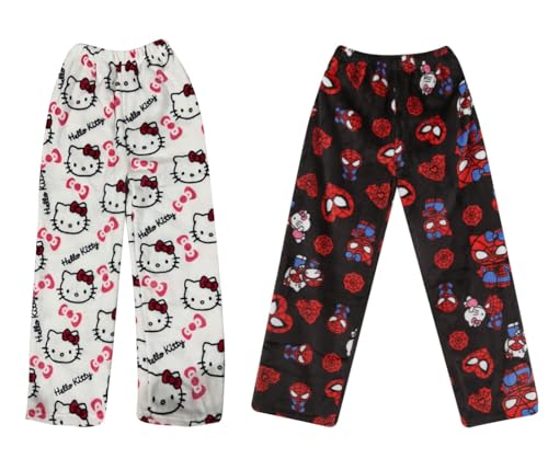 2 Stück Pyjamahose Damen Lang Pyjama Hose Schlafanzughose Flanell Schlafanzug Hosen Anime Cartoon Kawaii Kuschelhose Flauschig Bequem Schlafhose Schlaf Lounge Schlafanzughosen für Teenager Mädchen von Generic