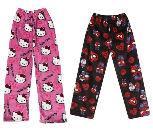 2 Stück Pyjamahose Damen Lang Pyjama Hose Schlafanzughose Flanell Schlafanzug Hosen Anime Cartoon Kawaii Kuschelhose Flauschig Bequem Schlafhose Schlaf Lounge Schlafanzughosen für Teenager Mädchen von Generic