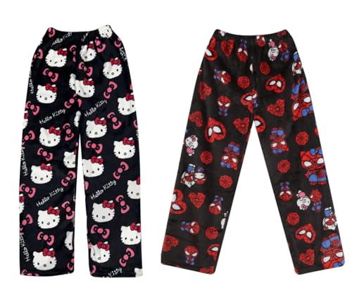 2 Stück Pyjamahose Damen Lang Pyjama Hose Schlafanzughose Flanell Schlafanzug Hosen Anime Cartoon Kawaii Kuschelhose Flauschig Bequem Schlafhose Schlaf Lounge Schlafanzughosen für Teenager Mädchen von Generic