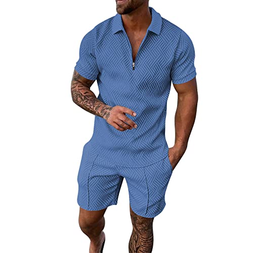 2 Stück Trainingsanzug Herren Sommer Kurze Sets Outfits Kurzarm Poloshirt und Shorts Set Casual Zweiteiler Sportanzug Revers Hemd mit Reißverschluss Männer 2-Teiler Urlaub-Hemd Strand-Hemd Anzug von Generic