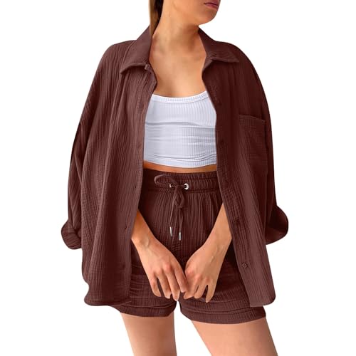 2 Teiler Damen Sommer,Zweiteiler Leinen,Zweiteiler Damen Elegant Sommer Musselin Bluse Hemd und Shorts Clothes Aesthetic Zweiteiler Lounge Set Strand Outfit Set Two Piece Set Women,braun,L von Generic
