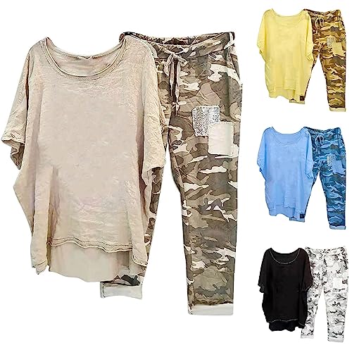 2 Teiler Damen Sommer Hosenanzug Sommer Elegant Outfit Lässig Kurzarm Oberteil Trainingsanzüge Camouflage Drucken Hose Sportanzug Strandhose Set Streetwear Jogginganzug angebote von Generic