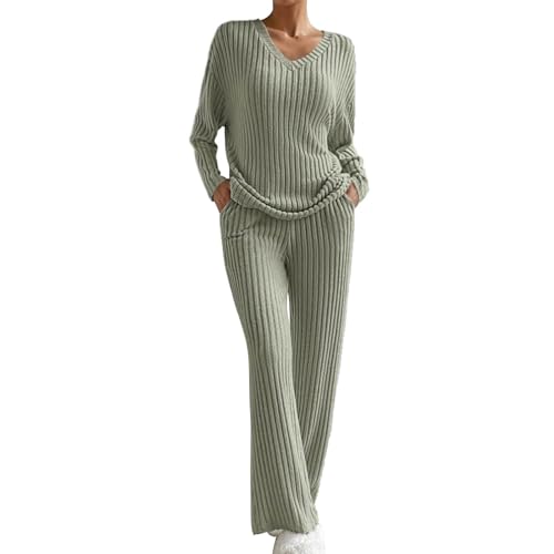 2 Teiler Damen Winter Lange Hose - Strick Set Damen Zweiteiler Elegant - V-Ausschnitt Lochstreifen-Strickset Sleepwear Weich Strickanzug 2 Teilig Strickpullover Top Langärm Hose Hausanzug von Generic