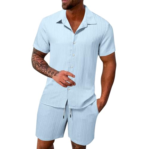 2 Teiler Herren Sommer 2024 Polo Shirt Leinenanzug Zweiteiler Kurz Button-Up Revers Einfarbig Hemd und Shorts Beach Shirt Kurze Hose Set Leinen Anzug Leicht Mode Leinen Set Casual Tops von Generic