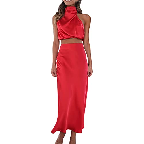 2 Teiler Rock Und Oberteil Elegant Satin Zweiteiler Sommer Schulterfrei Party Outfit Sexy Hängendem Hals Kurzes Tops Schlanke Wickelkleid Einfarbige Hohe Taille Cocktailkleid Aesthetic Abendkleider von Generic
