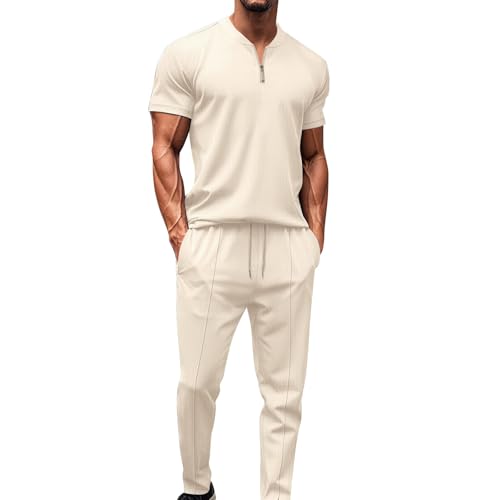 2 Teilig Herren Sportanzug Freizeitanzug Outfit Arbeits Polohemd Tracksuit Männer Freizeithose T-Shirts mit Reißverschluss und Sporthosen Einfarbig Oversized Kurzarm Oben+ Hose Set (Khaki, S) von Generic