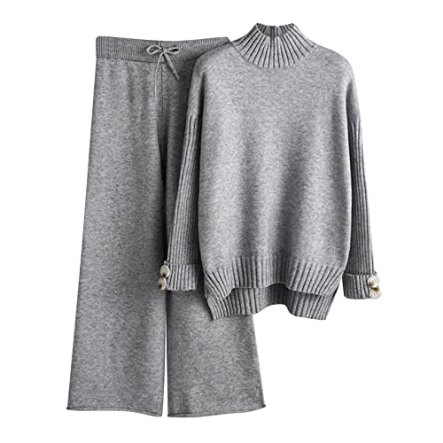 2-Teilig Jogginganzug Damen Set Langarm Lounge Sets Strickpullover Weites Bein Elastische Taille Hose Anzug Strickanzug Jogginghose Zweiteilige Freizeitanzug Sportanzug Gestrickte (Grey-1, One Size) von Generic