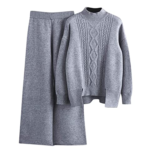 2-Teilig Jogginganzug Damen Set Langarm Lounge Sets Strickpullover Weites Bein Elastische Taille Hose Anzug Strickanzug Jogginghose Zweiteilige Freizeitanzug Sportanzug Gestrickte (Grey-2, One Size) von Generic