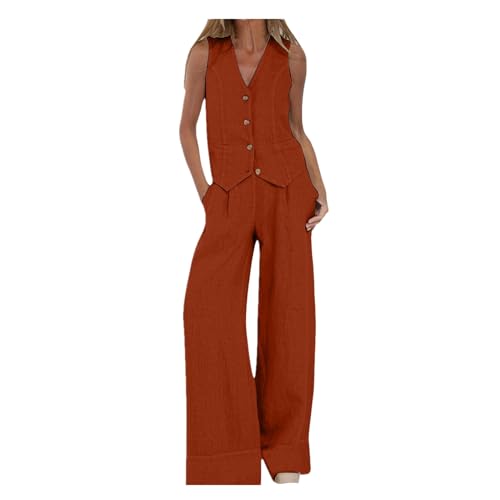 2-Teiliges Damen-Outfits, Leinen Passende Sets Trainingsanzug Knopf Tank-Tops Und Hose mit Weitem Bein Business Arbeit Streetwear Sommer Business Outfit von Generic