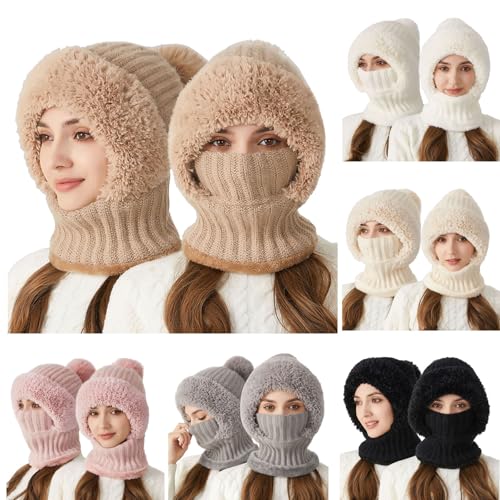 2 in 1 Wintermütze Strickmütze Warme Mütze mit Winddichte Masken Kreis Schal Set Balaclava Winter Stricken Mütze mit Fleecefutter für Damen Winddichte Kälteschutz Skimütze (001 Khaki, Einheitsgröße) von Generic