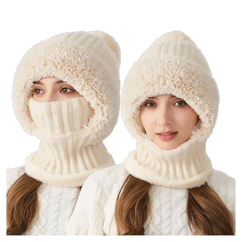 2 in 1 Wintermütze Strickmütze Warme Mütze mit Winddichte Masken Kreis Schal Set Balaclava Winter Stricken Mütze mit Fleecefutter für Damen Winddichte Kälteschutz Skimütze (01 Beige, Einheitsgröße) von Generic