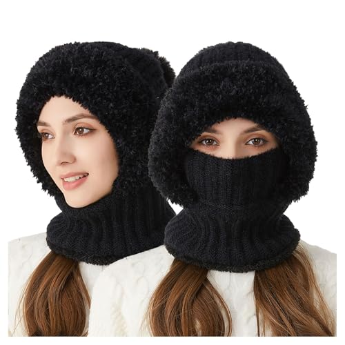 2 in 1 Wintermütze Strickmütze Warme Mütze mit Winddichte Masken Kreis Schal Set Balaclava Winter Stricken Mütze mit Fleecefutter für Damen Winddichte Kälteschutz Skimütze (01 Schwarz, Einheitsgröße) von Generic
