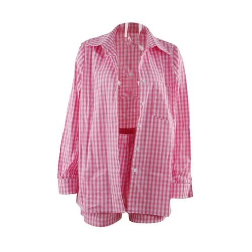 2-teiliges Anzug-Set für Damen, gestreift/kariert, Umlegekragen, langärmeliges Hemd + kurze Hose für den Frühling, 2-M von Generic