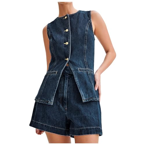 2-teiliges Denim-Outfit für Damen, lässiges Button-Down-Oberteil mit ärmellosem Oberteil, Trendige Jeans-Shorts mit hoher Taille Damen Jogginganzüge (Blue, XL) von Generic