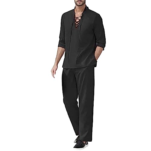 2-teiliges Herren-Set aus Baumwoll-Leinen Leicht Langarm Leinenhemd + Lang Leinenhose Sommer Casual Strandhemd Freizeithose Outfit von Generic