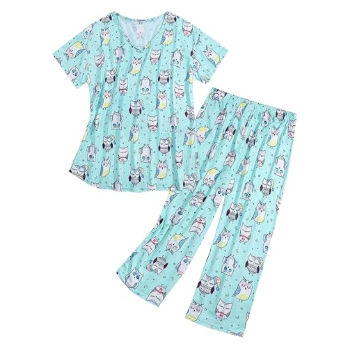 2-teiliges Pyjama-Set für Damen, große Größe, V-Ausschnitt, Nachtwäsche, Oberteil, Cartoon-Druck, kurze Ärmel, Innenbekleidung + Pyjamahose, weite Beine, Heimkleidung, hellblau, 54 von Generic