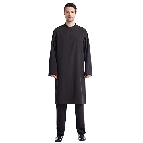 2-teiliges Set Herren Middle East Thobe mit Hosen - Männer Muslim Langarm Thobe Lose Kaftan Herren Muslim Arabisch Mittlerer Osten Rundhals Langarm Islamisch Anzug Herren Islamische Kostüm 2pcs/Set von Generic