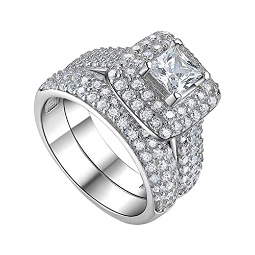 2-teiliges Set Paar Prinzessin Quadratische Diamant Set Ring Mode Luxus Verlobung Hochzeit Schmuck für Frauen Midi Ringe, silber, 32 von Generic