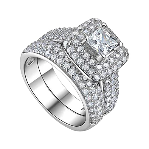 2-teiliges Set Paar Prinzessin Quadratische Diamant Set Ring Mode Luxus Verlobung Hochzeit Schmuck für Frauen Offene Ringe für Männer, silber, 11 von Generic