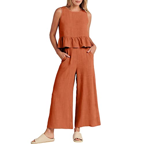 2-teiliges Sommer-Outfit für Damen, ärmelloses Rüschen-Tank-Crop-Top und Hose mit weitem Bein, Set mit Taschen Training Set Damen von Generic