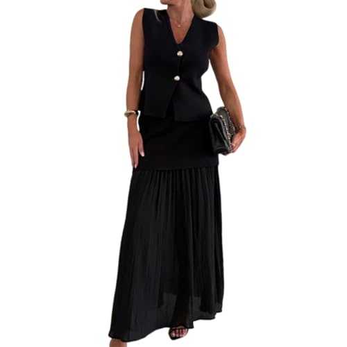 2-teiliges Sommer-Set aus Strickweste und Patchwork-Midirock für Damen, Westentop mit V-Ausschnitt und fließendem Rock (Black,L) von Generic