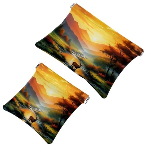 2 x Schrapnellbeutel für Geldbörse, Art Mountain Deer-1420 wasserdichte Make-up-Tasche, tragbare Tasche für Damen, Geschenke, Mehrfarbig 03, A：7.1x5.8in/18x14.8cm，B:4.7x4.5in/12x11.5cm von Generic