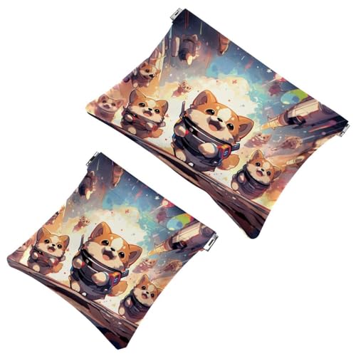 2 x Schrapnellbeutel für Geldbörse, Cartoon-Weltraumhund, wasserdichte Make-up-Tasche, tragbare Tasche für Frauen, Geschenke, Mehrfarbig 10, A：7.1x5.8in/18x14.8cm，B:4.7x4.5in/12x11.5cm von Generic