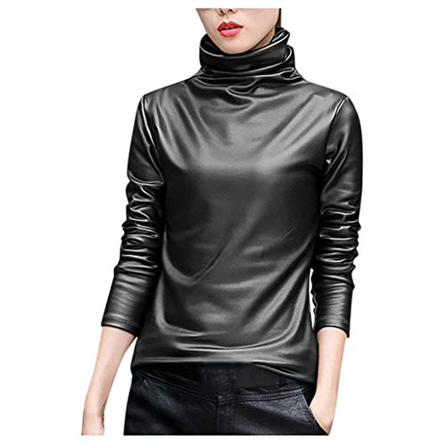 2022- Solide Frauen Rollkragenärmel Lederbluse Freizeithemden Tops Lange Faux Damen Bluse Damen Unterhemden Kurzarm, Schwarz , XXXXL von Generic