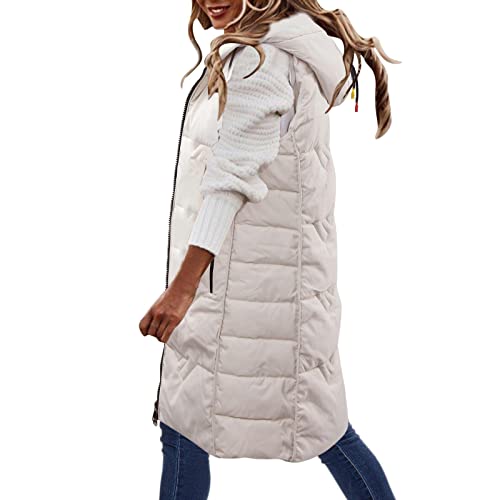 2023 – Damen Ärmellose Lange Steppweste Kapuze Button Down Puff Weste Baumwolle Gepolsterte Jacke Winter Oberbekleidung Damen Lange Bubble Jacke, beige, 50 von Generic