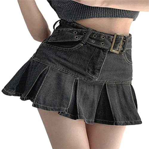 2023 Damen Denim Rock Damen Sommer Plissee Rock Hohe Taille Einfacher Stil Schlanke A-Linie Kurzer Rock Mode Damen Kurzer Rock (Color : Schwarz, Einheitsgröße : M) von Generic