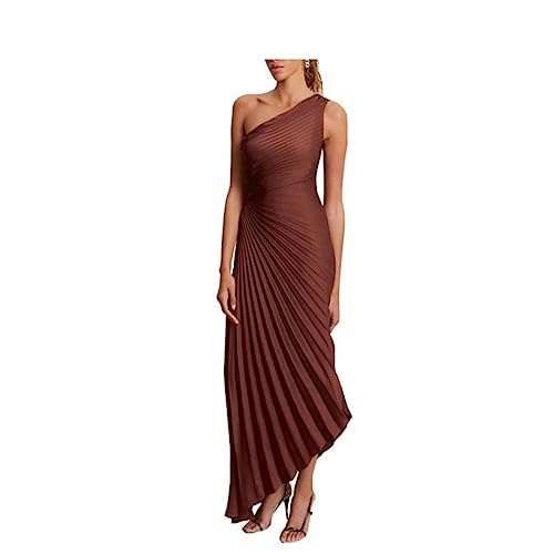 2023 Damen Langes Kleid Sommer Ärmellos Elegante Abendkleid Einfacher Stil Damen Mode Eine Schulter Sonne Plissee Satin Kleid (Color : Coffee, Einheitsgröße : L) von Generic