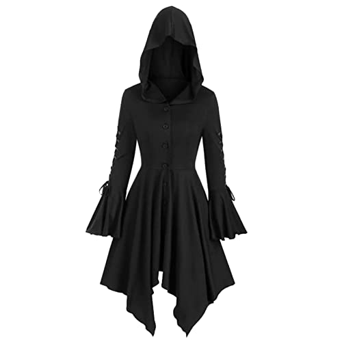 2023 Damen Mode Langarm Mittelalter Vintage Gothic Patchwork Cape Jacke mit Kapuze und unregelmäßigem Saum mit Hosenträgern, Mantelkleid, Gothic-Kleidung für Teenager Jungen, Schwarz , 48 von Generic