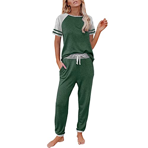 2023 Damen Pyjama-Set Kurzarm Nachtwäsche Tops mit langen Hosen Set Druck Nachtwäsche Damen Pyjama Sommer, armee-grün, 42 von Generic