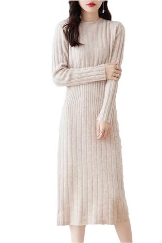 2023 Herbst Winter Merino Wolle Pullover Kleid Damen Gestreiften Rundhals Faltenrock Pullover, beige, X-Large von Generic