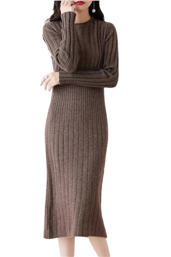 2023 Herbst Winter Merino Wolle Pullover Kleid Damen Gestreiften Rundhals Faltenrock Pullover, coffee, L von Generic