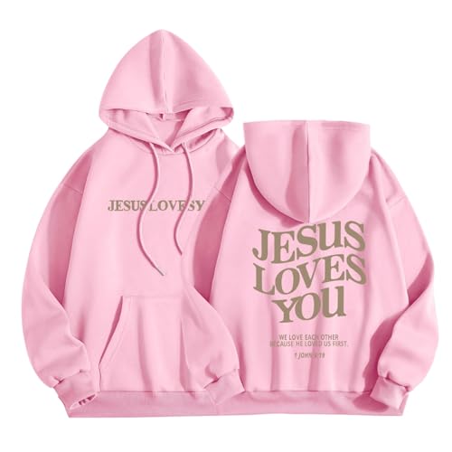 2024 Jesus Loves You Hoodie Damen Kapuzenpullover Oversize Pullover Sweatshirt Freizeit Sport Langarmshirt Hoodies Training Pulli Streetwear von Generic