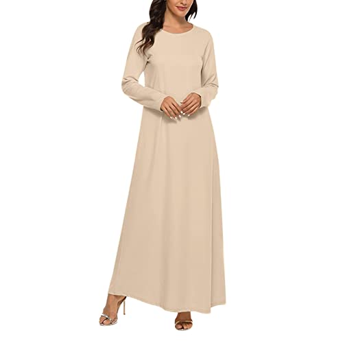 2023 - Kleid Lang Solid Islamisch Muslim Kleid Ärmel Damen Abaya Unterkleid Casual Damen Freizeitkleid Hoher Ausschnitt Kleid Damen, khaki, Small von Generic