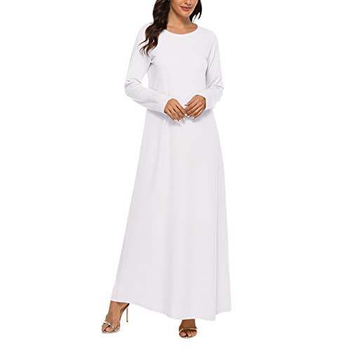 2023 - Kleid Lang Solid Islamisch Muslim Kleid Ärmel Damen Abaya Unterkleid Casual Damen Freizeitkleid Hoher Ausschnitt Kleid Damen, weiß, Small von Generic