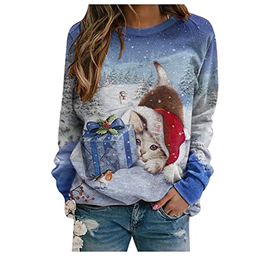 2023 Neu - Damen Pullover Mode Casual Weihnachten Katze Gedruckt Muster O Ausschnitt Langarm Warm Sweatshirt Tops Fleece Winterjacke, hellblau, 42 von Generic