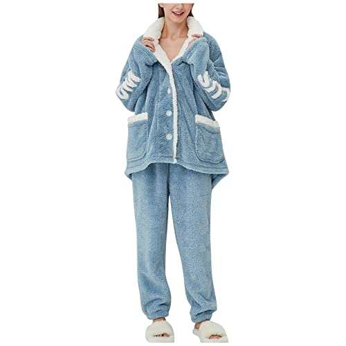 2023 Neu - Herren und Damen Pyjama Outfits Langarm Knopf Bluse und Hose Herbst und Winter Flanell Pyjama Anzug Cardigan Damen Fleece Pyjama Set, blau, 48 von Generic