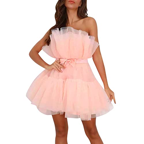 2023 Neu - Tüll Kleid Frauen Kurze Puffy Prom Kleid Trägerlos Mesh Geburtstag Fee Kleider Rüschen Cocktail Party Poofy Kleid Fotoshooting Lange Mutterschaft Abendkleid, rose, L von Generic