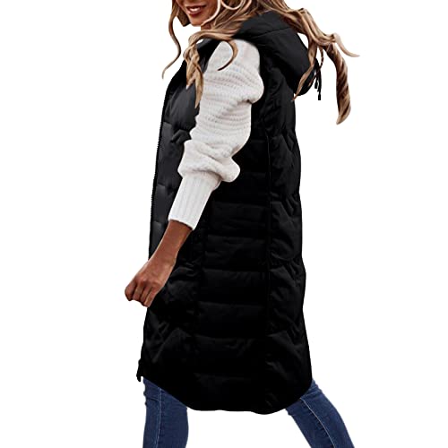 2023 Neujahr – Damen Ärmellose Lange Steppweste Kapuze Button Down Puff Weste Baumwolle Gepolsterte Jacke Winter Oberbekleidung Damen Kapuzenjacke Herbst, Schwarz , 48 von Generic