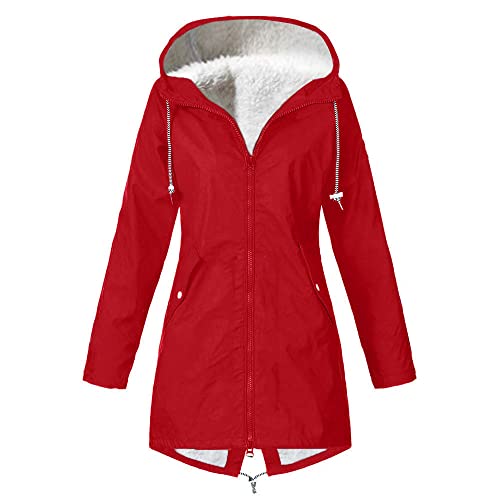 2023 New Sommer Style - Solid Plus Dicke Warm Damen Kapuzen-Regenmantel Größe Winddicht Winter Outdoor Damen Mantel Extra Warm Winterjacke, rot, 48 von Generic