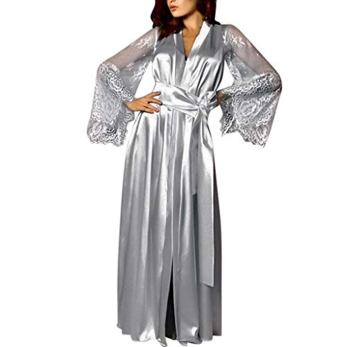 2023 New Y2-Stil - Frauen Satin Langes Nachthemd Seide Spitze Dessous Nachthemd Nachtwäsche Sexy Robe Sexy Eve Kostüme für Frauen, grau, 46 von Generic