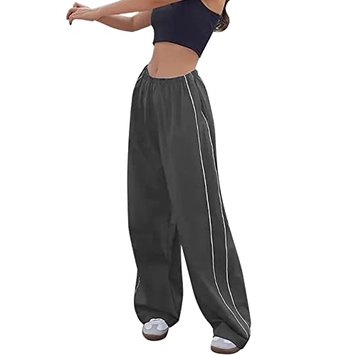 2023 Teenager Mädchen Mode Y2k Streetwear Vintage Fallschirmhosen Cargohose Baggy Track Pants Damen Y2K Weites Bein Hosen Freizeithose Frauen Elastische Taille Parachute Pants 90er Sport Hose von Generic